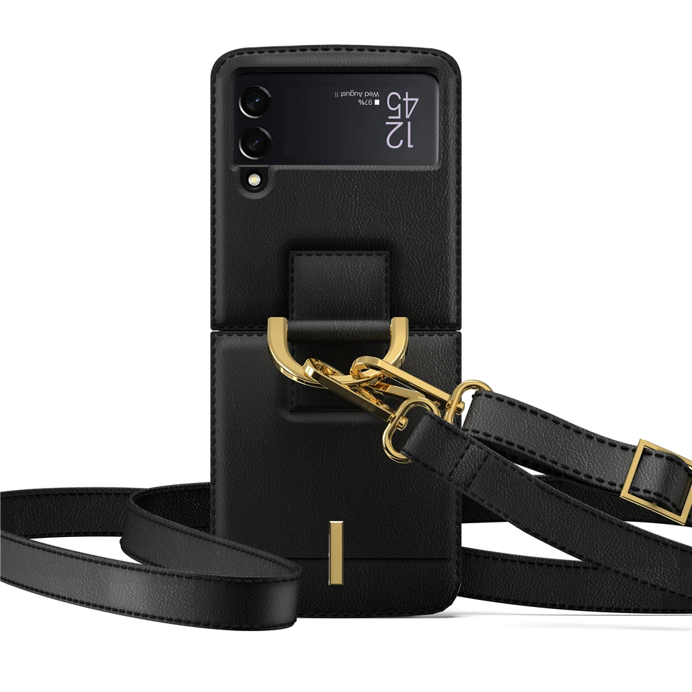 

With Metal Ring Luxury PU Leather Cover For Samsung Galaxy Z Flip 3 5G Case Lanyard Bracket Shockproof Phone Cases Coque Fundas