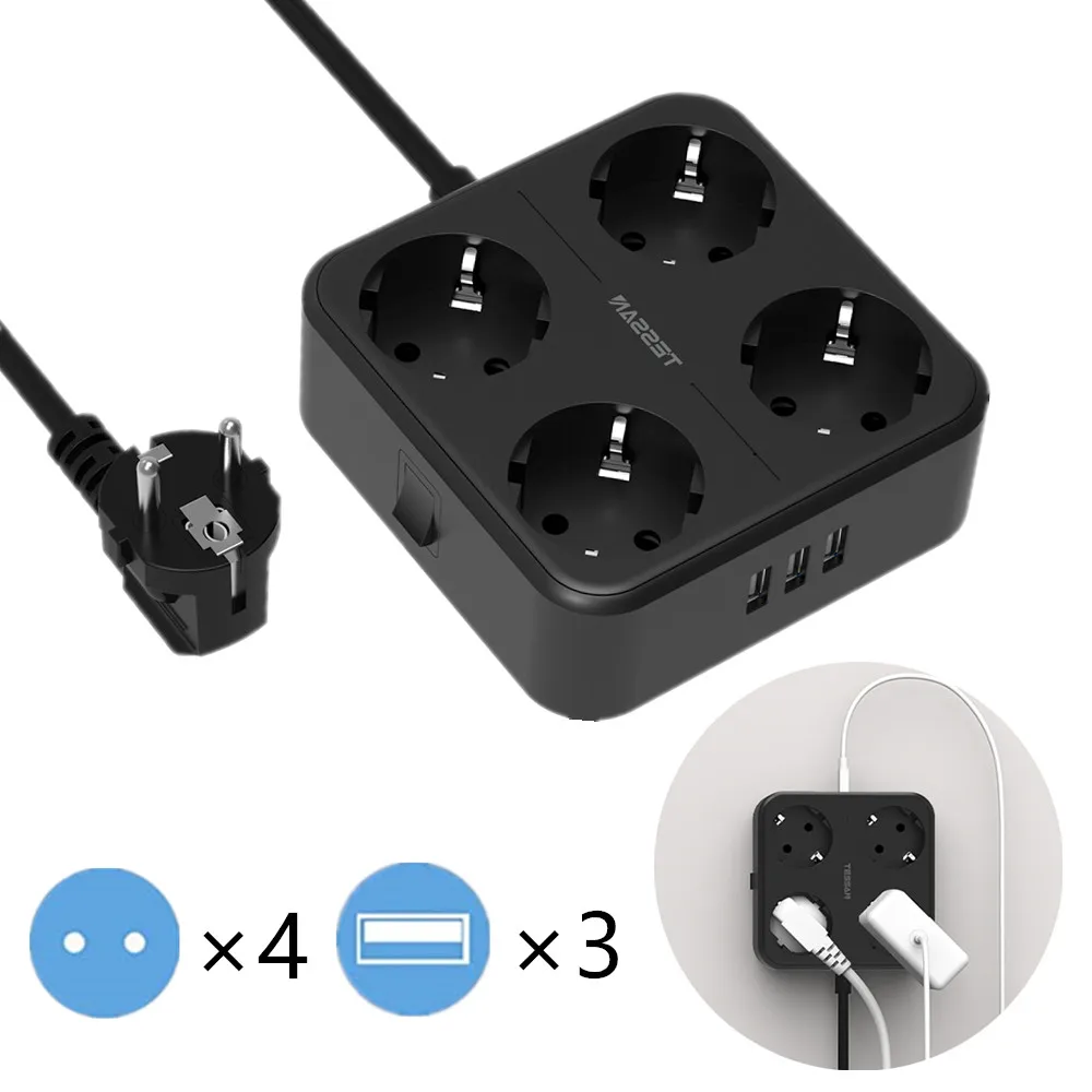 

TESSAN European Plug Extension Power Strip with 4 EU Outlets and 3 USB Ports Wall Mountable Electric Socket with Switch 2M Cable