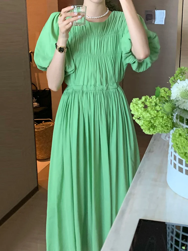 

Простые однотонные плиссированные платья с круглым вырезом и рукавами-фонариками, прямые повседневные женские платья с высокой талией, лет...