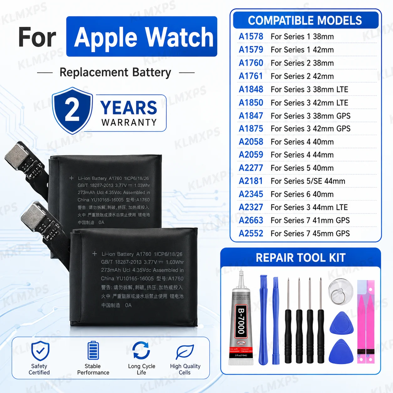 Фото Сменная батарея для Apple Watch Series SE 1 2 3 4 5 6 7 S1-S7 38-45 мм, комплект для самостоятельного ремонта, запасная часть, высокая производительность №1