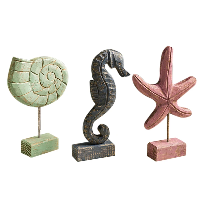 

Mediterranean Style Crafts Starfish Conch Seahorse Figurines Wood Carving Miniatures Home Decor Living Room Ornaments