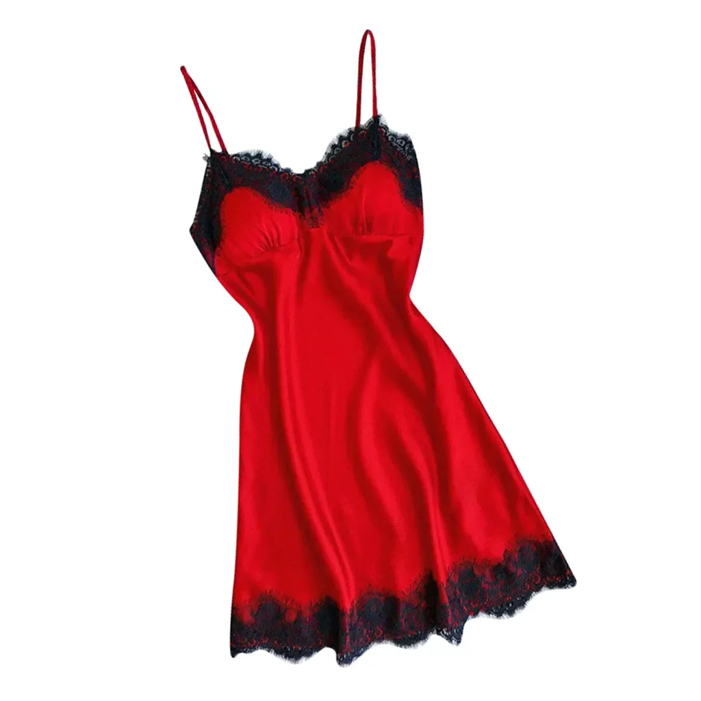

Women Sexy Lace Trim Satin Nightdress Lingerie Sleepwear Night Gown Red