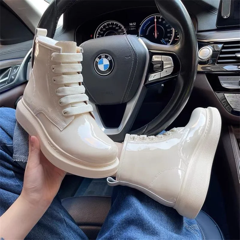 Size 35-44 Ankle Boots Women Flat Platform Boots Fashion Patent Leather Non-slip Waterproof Chunky Shoes Boots Lace Up Shoes