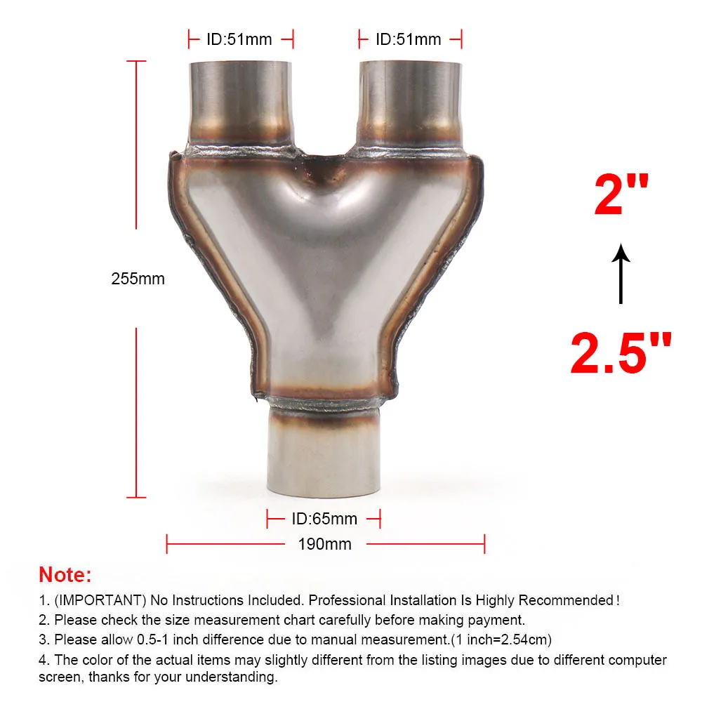 

Y Pipe 2.5" Single to 2''Dual Adapter Connector Stainless Steel Exhaust Reversible