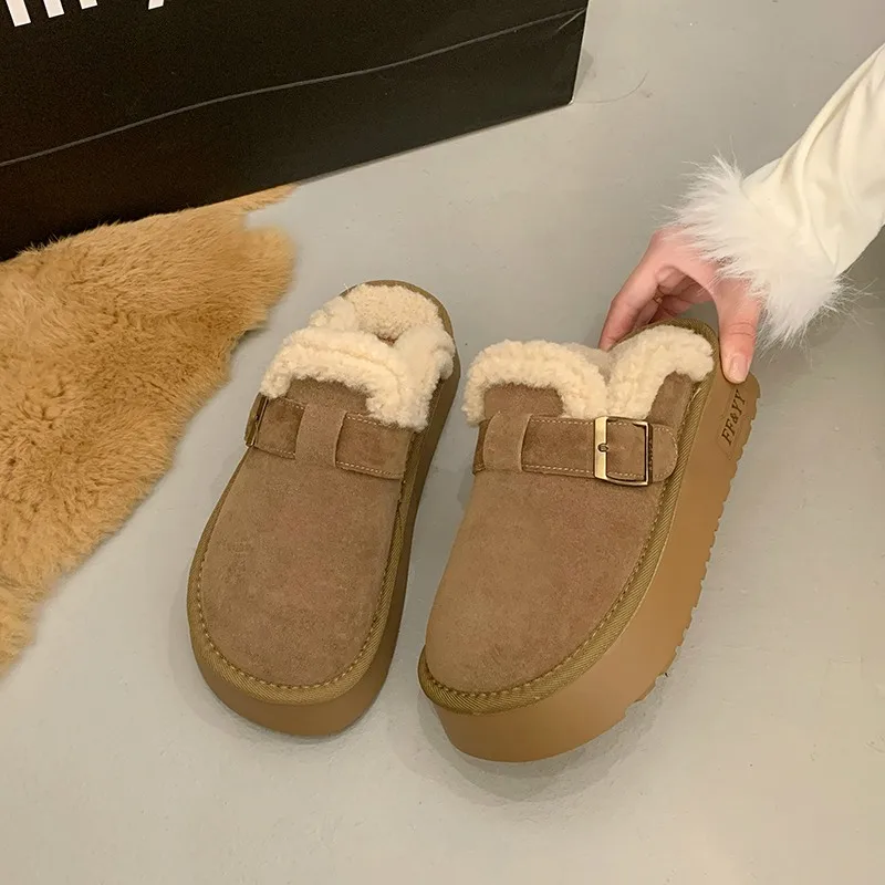 Женская обувь 2024 женские тапочки с закрытым носком меховые шлепанцы на платформе