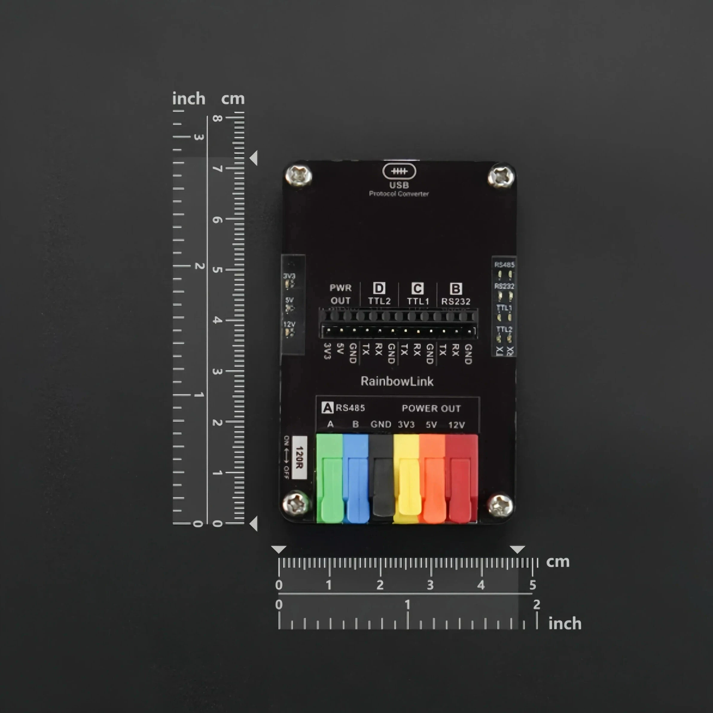 Фото Конвертер USB RainbowLink V1 4-в-1 RS485/RS232/2xTTL с выходом 12В/5В/3.3В, клеммы с рычажным зажимом без инструментов для промышленного IoT №2