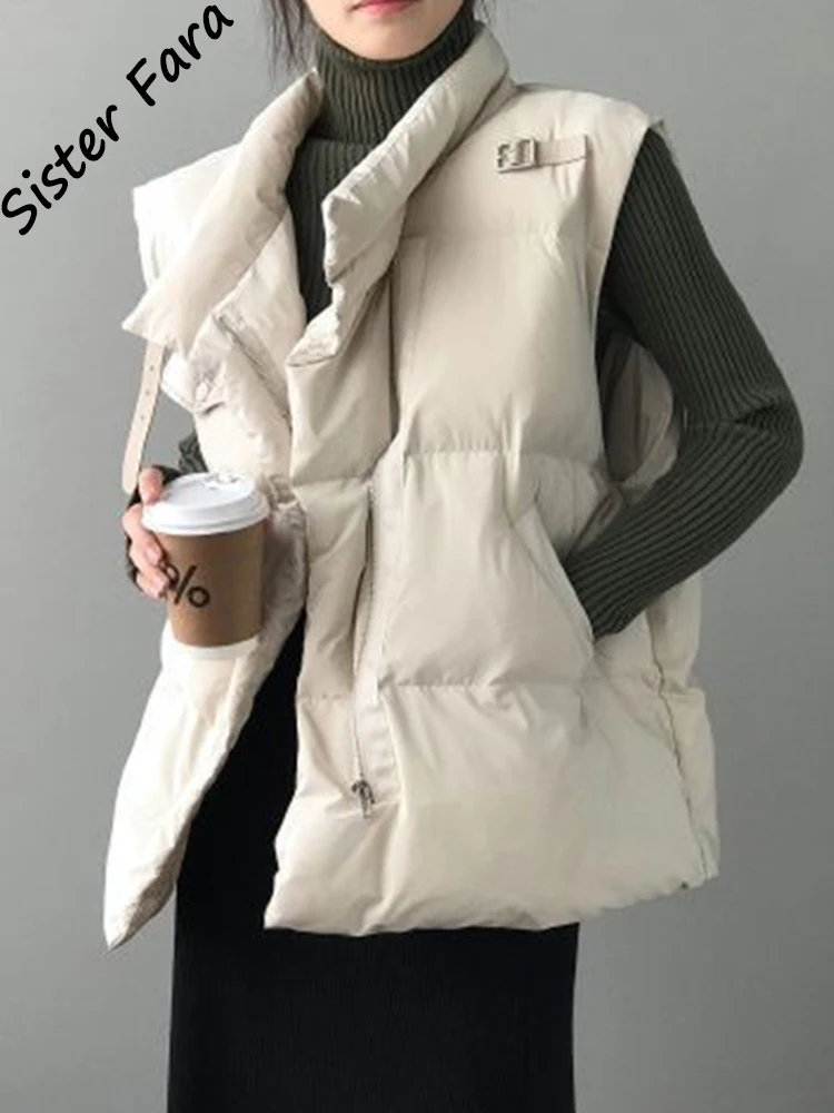 

Sister Fara Autumn Winter Leather Buckle Down Vest Cotton Women Loose Vest Jacket Waistcoat Coat Sleeveless Parkas Jacket Vest