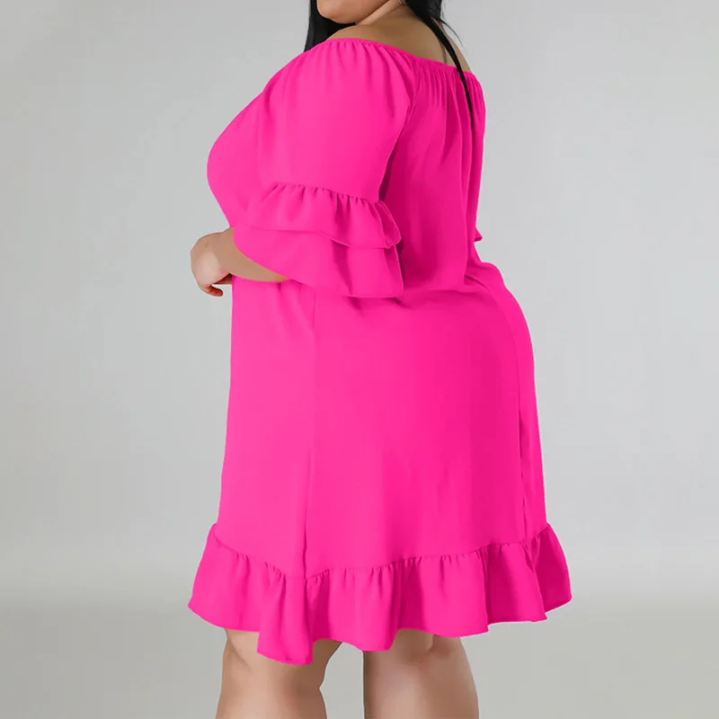 Plus Size Summer New Women's Clothing Solid Color Fashion Off Shoulder Patchwork Ruffles Half Sleeve Sweet Princess Dresses