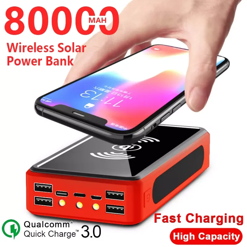

NEW2023 80000mAh Solar Wireless Power Bank With4 USB LED Portable Power Bank External Battery Fast Charging for IPhone Xiaomi Sa