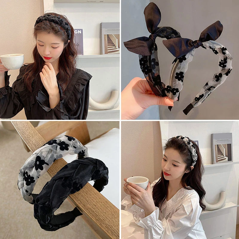 

Сетчатые повязки на голову с цветами, обруч для волос из сетчатой пряжи с кроличьими ушками, обруч для волос в стиле ретро, аксессуары для во...