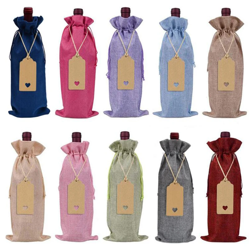 

10Pc 35*15cm Linen Drawstring Pocket Drawstring Wine Bottle Covers Reusable Bottle Wrap Gift Package Wine Bags