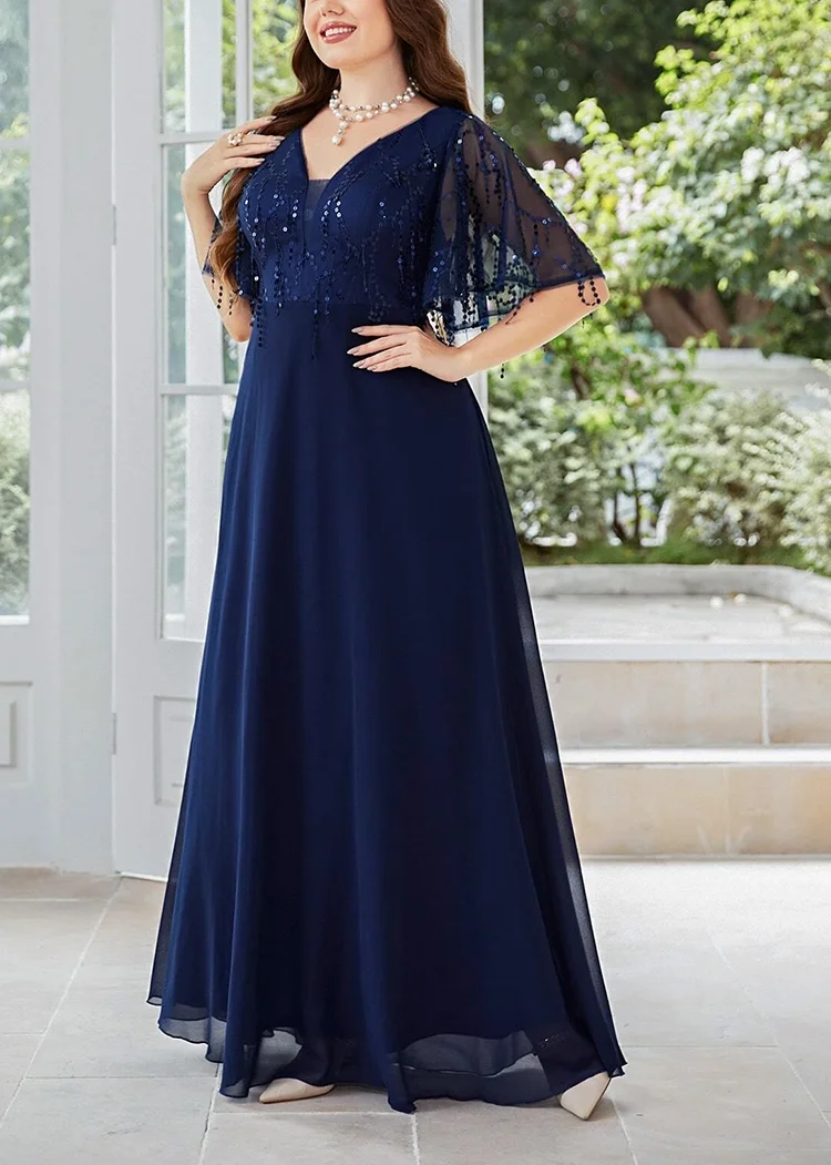V Neck Royal Blue Sequins Shiny Plus Size Wedding Dress 5XL6XL Plus Size Women's Chiffon MAXI Party Banquet Short Sleeve Dresses