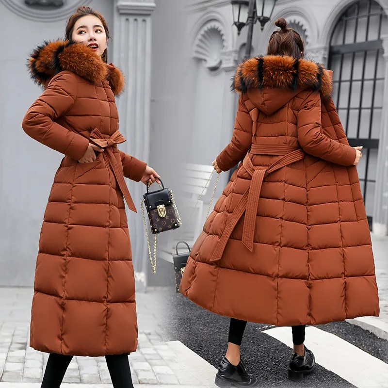 Woman Winter Long Padded Jacket Women's Large Fur Collar Coat Loose Belt Padded Coat Thick Down Padded Jacket Vintage Streetwear