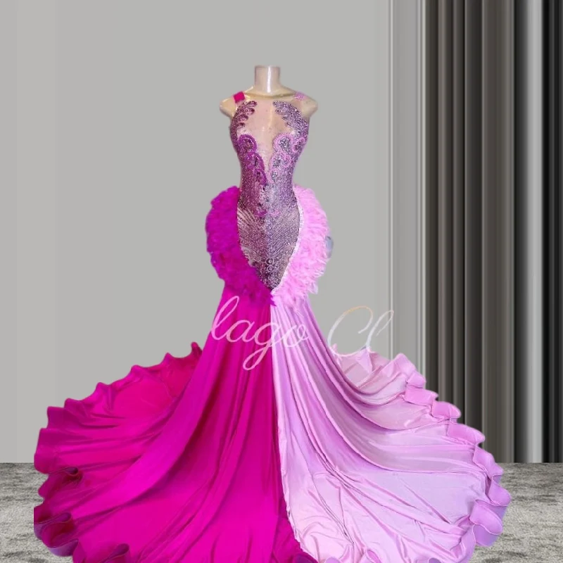 

Женское платье-Русалка для выпускного вечера, розовое платье с кристаллами и перьями, роскошное бальное платье для вечеринки в честь Дня Рождения,