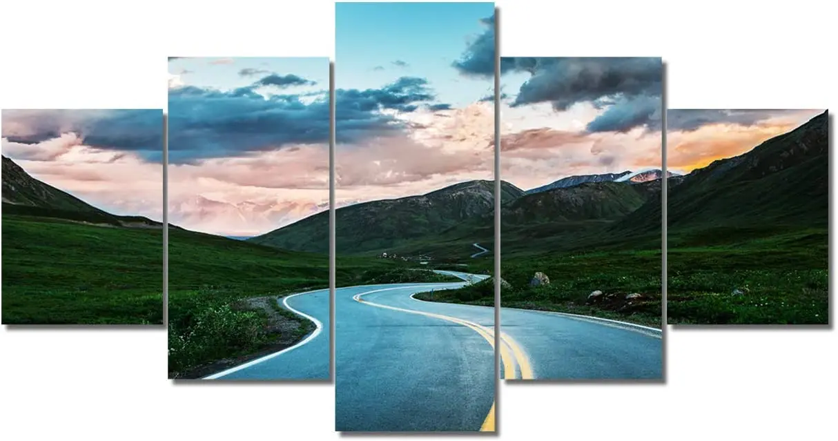 

5Pcs Nature Alaska USA Highway Around Mountains Landscape Route with 5 Pieces Pictures Canvas Paintings Wall Poster Home Decor