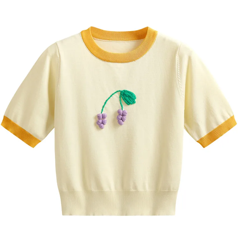 

Punk Vintage Grape Embroidery Knit Women Tees T Shirt Y2K Style Crop Top O-neck Streetwear Short Sleeve tshirts