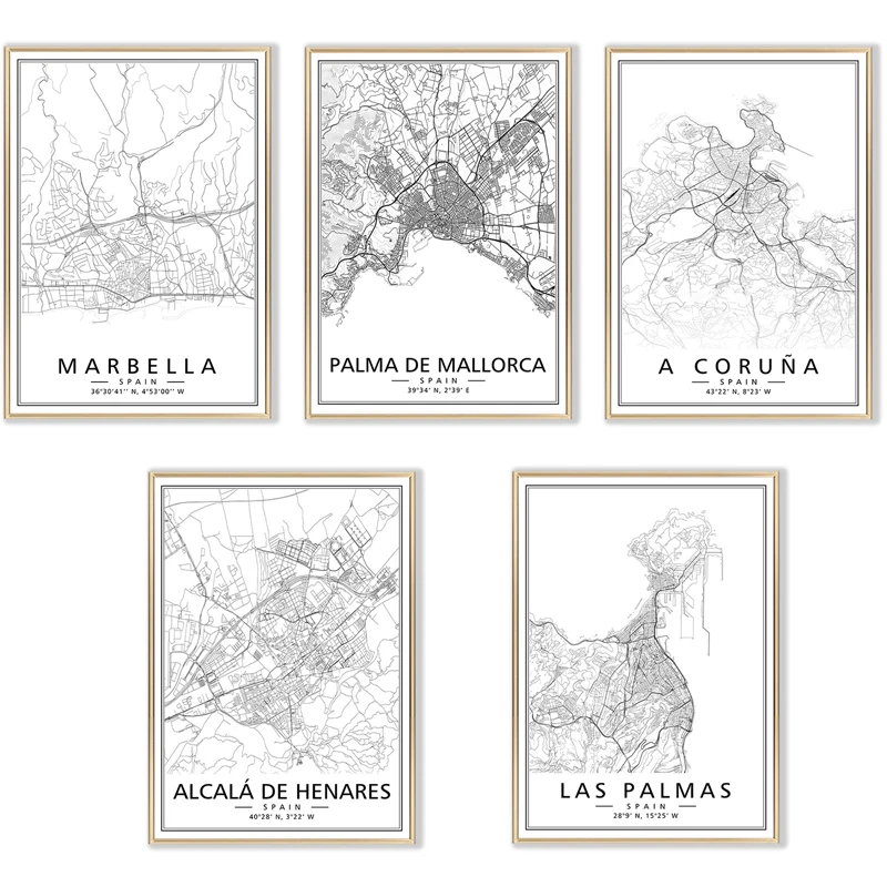 

Modern Spain Cities Maps Canvas Painting Black White Area Marbella Las Palmas Print Posters Minimalist Picture for Living Room