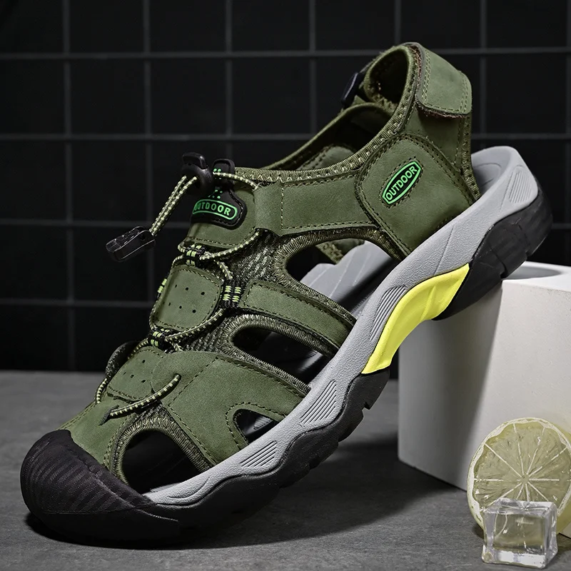 

Fashion Green Leather Sandal Men Plus Size 48 Summer Comfortable Men's Beach Shoes Anti-slip Men Outdoor Sandal Sandalias Hombre