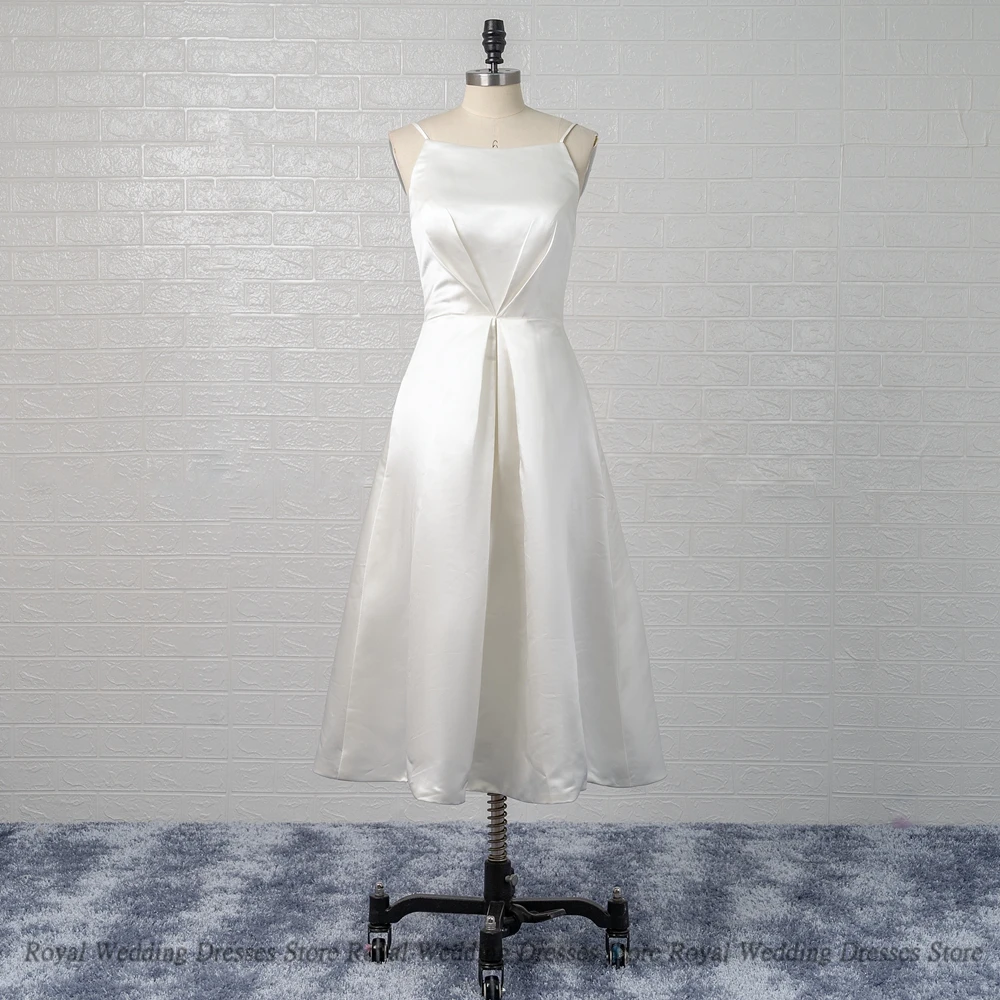

Sexy A-line Wedding Dresses Sleeveless Layered Spaghetti Mini Draped Satin Open Back Shirred High Quality Gowns Robe De Ma