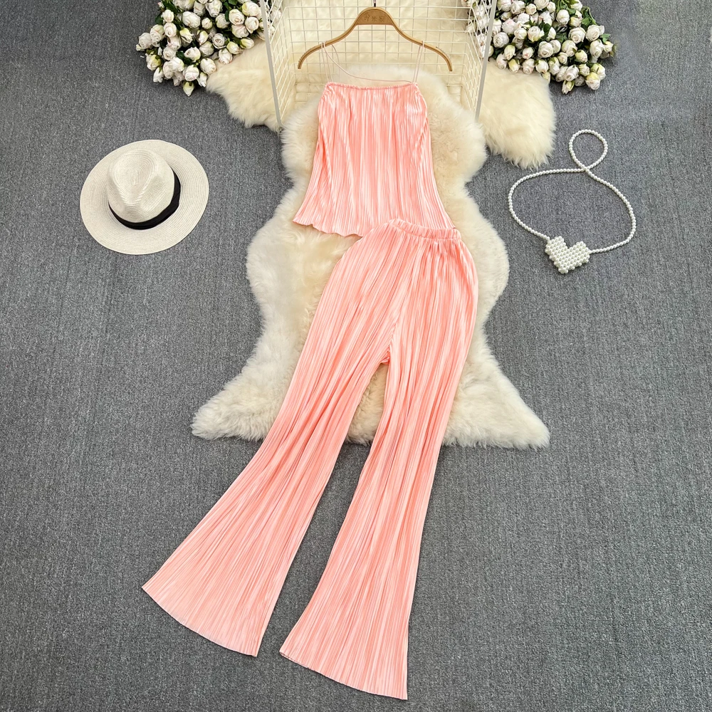 

Summer Casual Pant Sets for Women Pleated Folds Strap Ruffle Short Tops+ Long Wide Leg Pants Going Out Female Suit New In Sexy