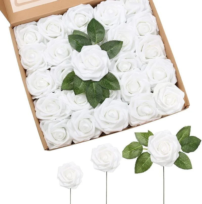 

25 Pieces Faux Roses Real Look Foam Rose with Rhizomes for DIY Wedding Bouquet Centerpiece Arrangement Party Decorations