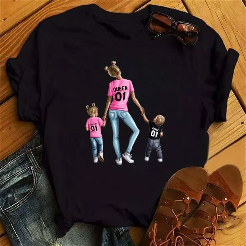 

2022NEW Women Cartoon Super Mom T-shirts Summer Graphic Print Lady Black Top T Shirt Womens Short Sleeves Female Tee T-Shirts