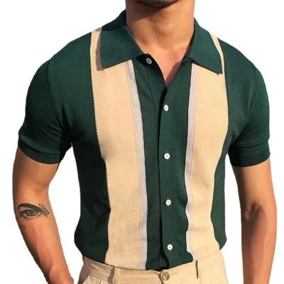 

Men's Vacation Striped Top en's Lapel Collar Contrast Color Knit Short Sleeve POLO Shirt Fashion Male Clothing