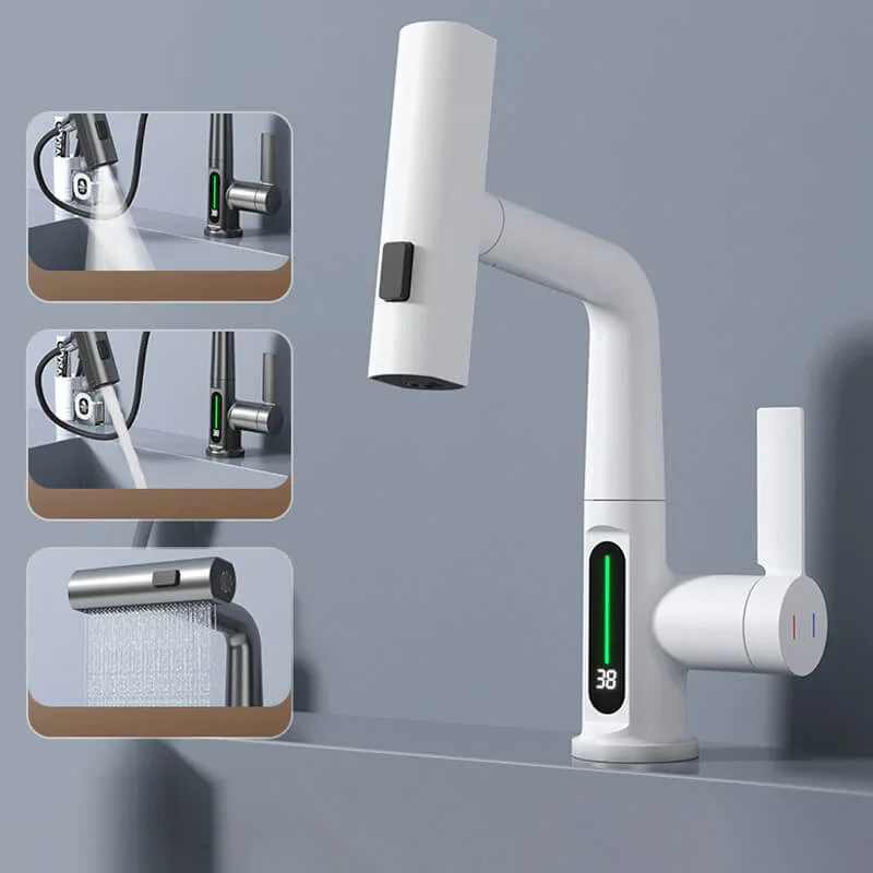 

Pulling Lifting Digital Display Faucet Bathroom Smart Temp Tap360 Rotating 5Sprayer Water Saving HotCold Washbasin