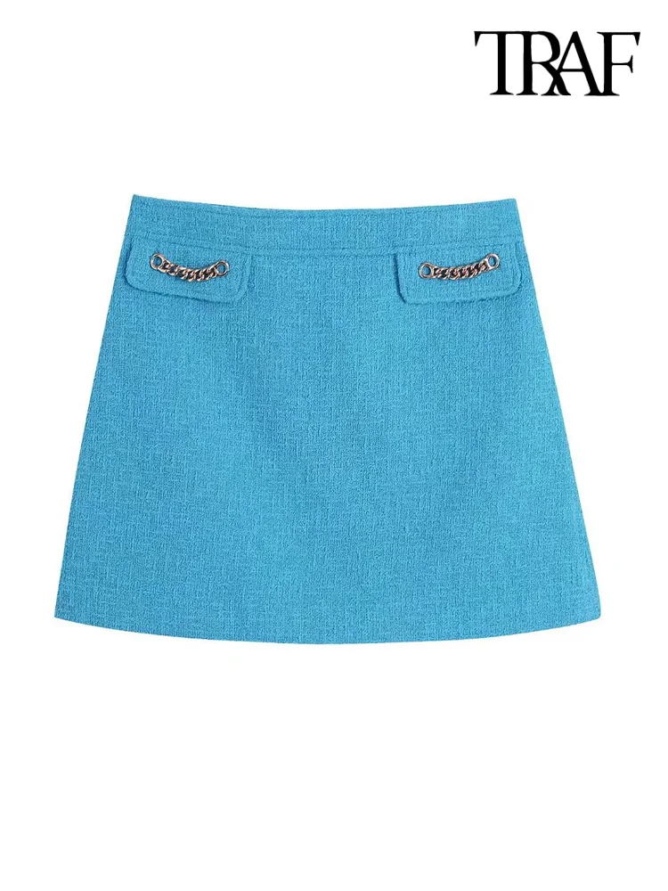 

TRAF Women Fashion With Chains Tweed Mini Skirt Vintage High Waist Side Zipper Female Skirts Mujer