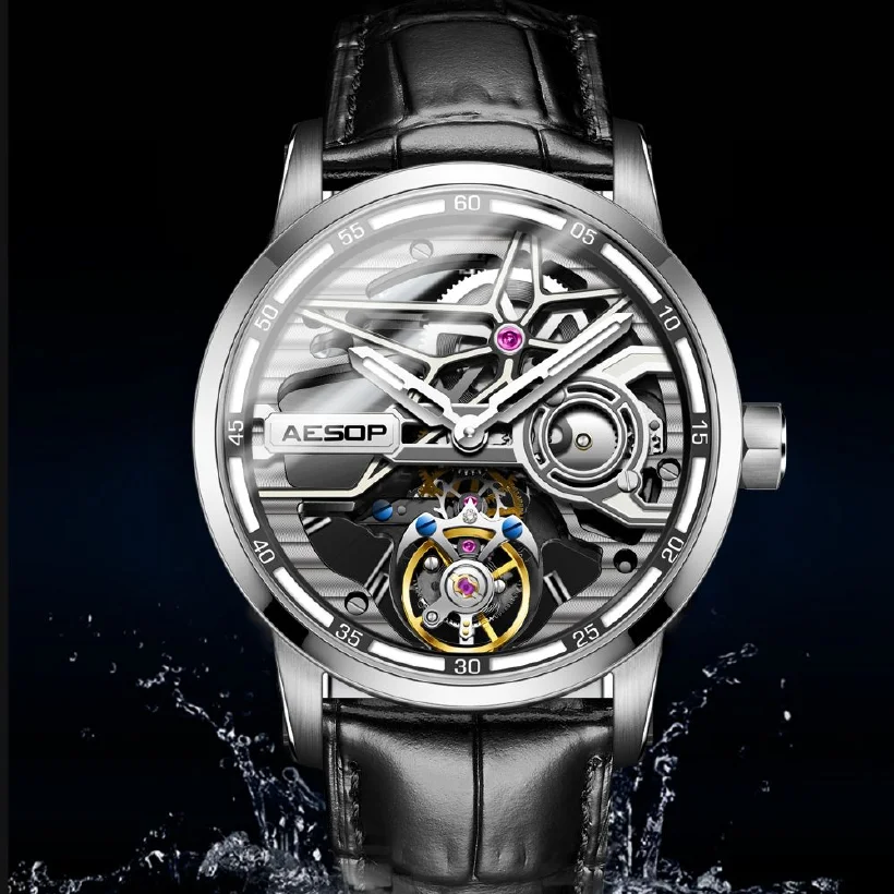 

AESOP Tourbillon Mechanical Watch For Men Full Skeleton Waterproof Watches Top Brand Luxury Sapphire With Diamond Man New 7053 A