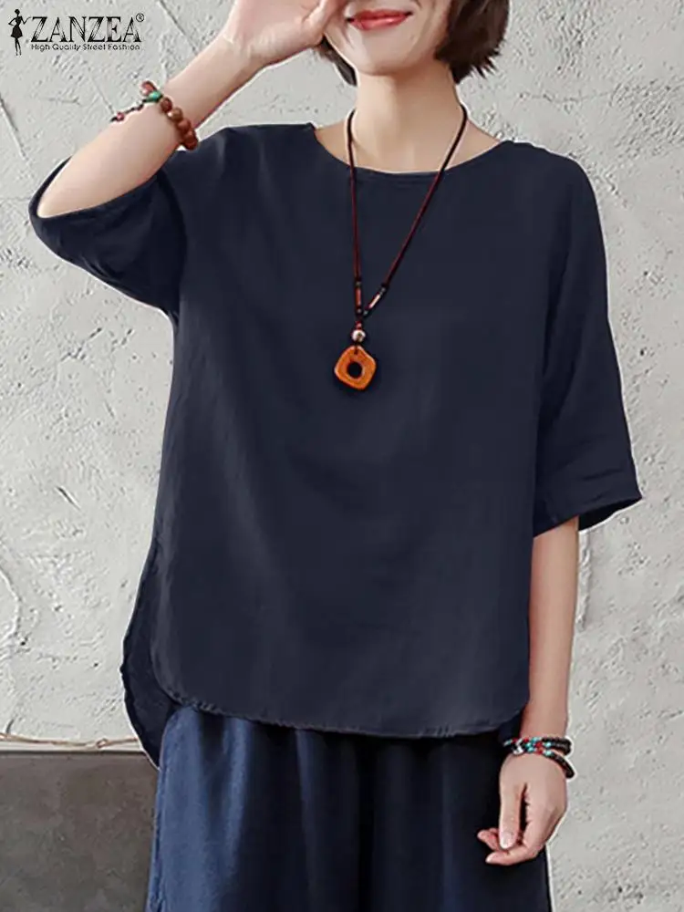 

Блузка ZANZEA женская из чистого хлопка, Однотонная рубашка с рукавом до локтя и круглым вырезом, винтажная Повседневная элегантная свободная ...