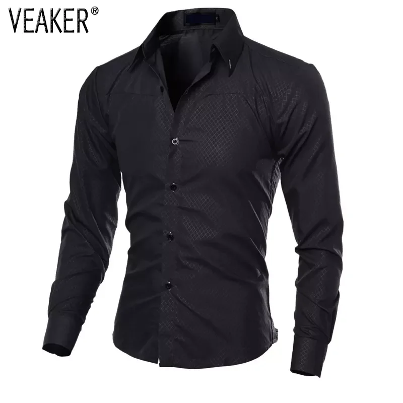 

NEW IN New Men's Spring Plaid Shirt Long Sleeve Slim Fit Casual T Shirts Black Blue Men Business Tops Plus Size 5XL