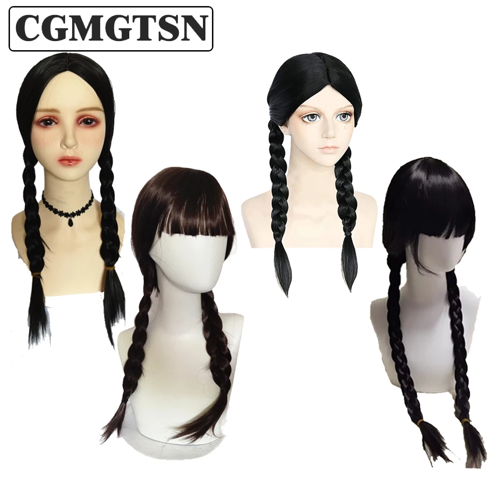 

CGMGTSN Movie Wednesday Addams Cosplay Women Long Hair Wig with Bangs High Temperature Resistant Synthet Braided Wig Halloween