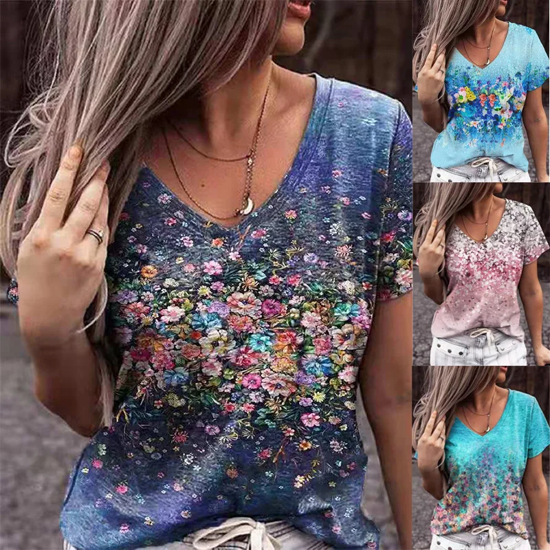 

Women's Top 2022 New Style Summer Print Short-sleeved T-shirt Loose and Casual V-neck Pullover Plus Size Clothes Tops and Tees