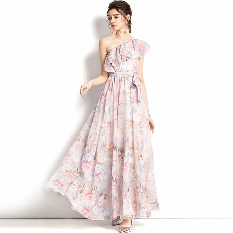 

2022 Spring Summer New Fashion Female Seaside Resort One-Shoulder Ruffle Print Maxi Dress Vestidos