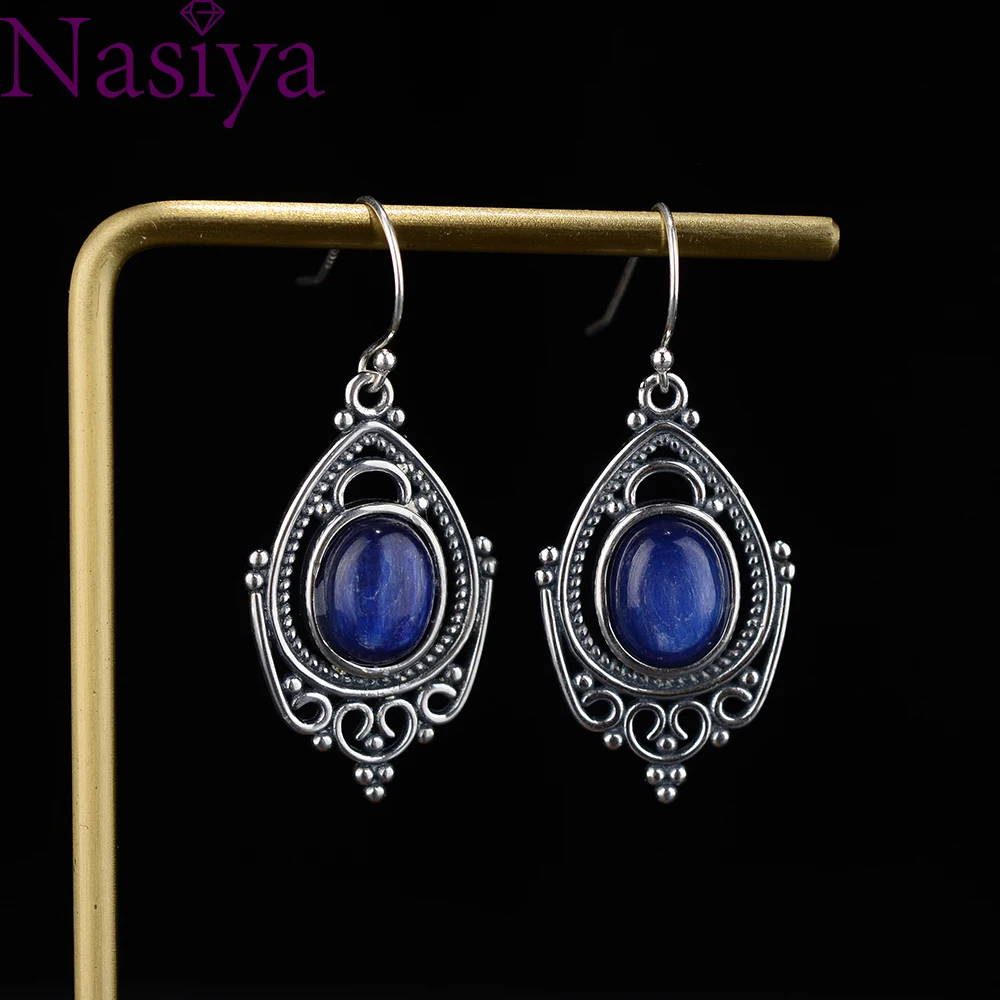 

Nasiya Retro Silver Earrings Oval 8X10MM Natural Kyanite Earrings Anniversary Party Stylish Ear Jewelry for Women