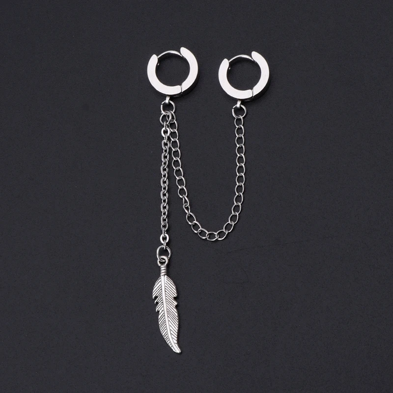 Fashion Earrings for Men Titanium Feather Pendant Double Long Chain Women Korean Jewelry | Украшения и аксессуары