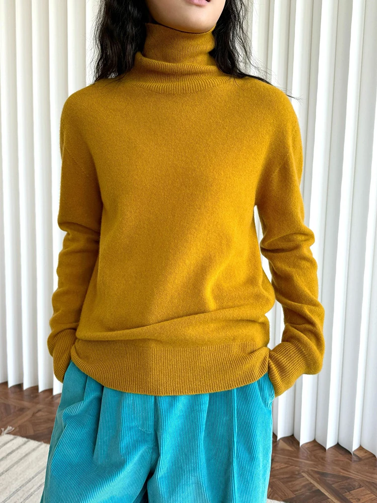 [EAM] Желтый вязаный свитер из 100% шерсти водолазка с длинным рукавом женские