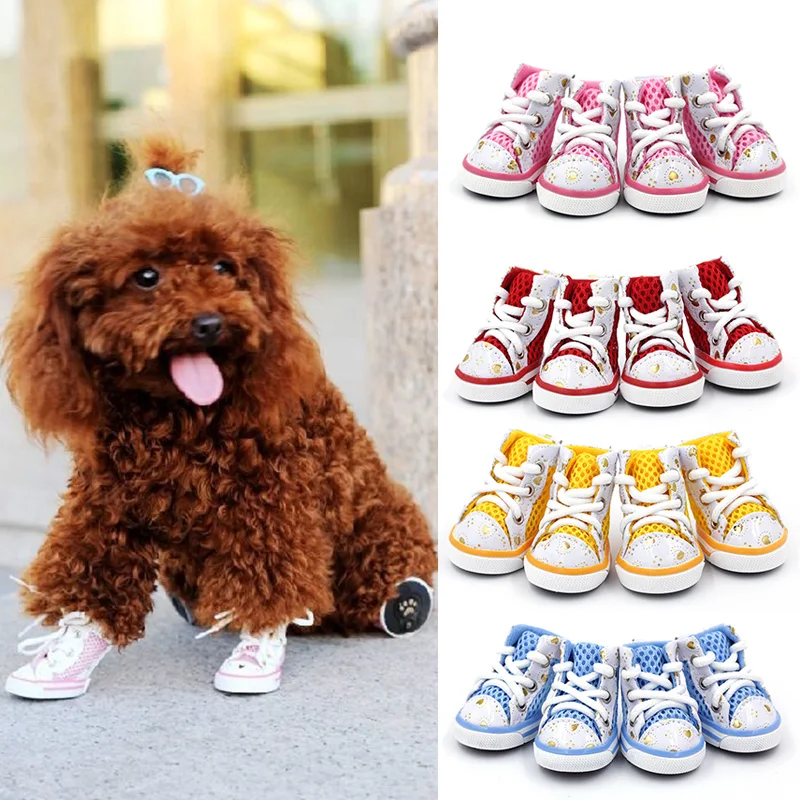 

4Pcs/set Pet Dog Tennis Shoes Anti-slip Waterproof Sport Denim Canvas Sneakers Boots Outdoor Walking Shoes For Small Dog Cats