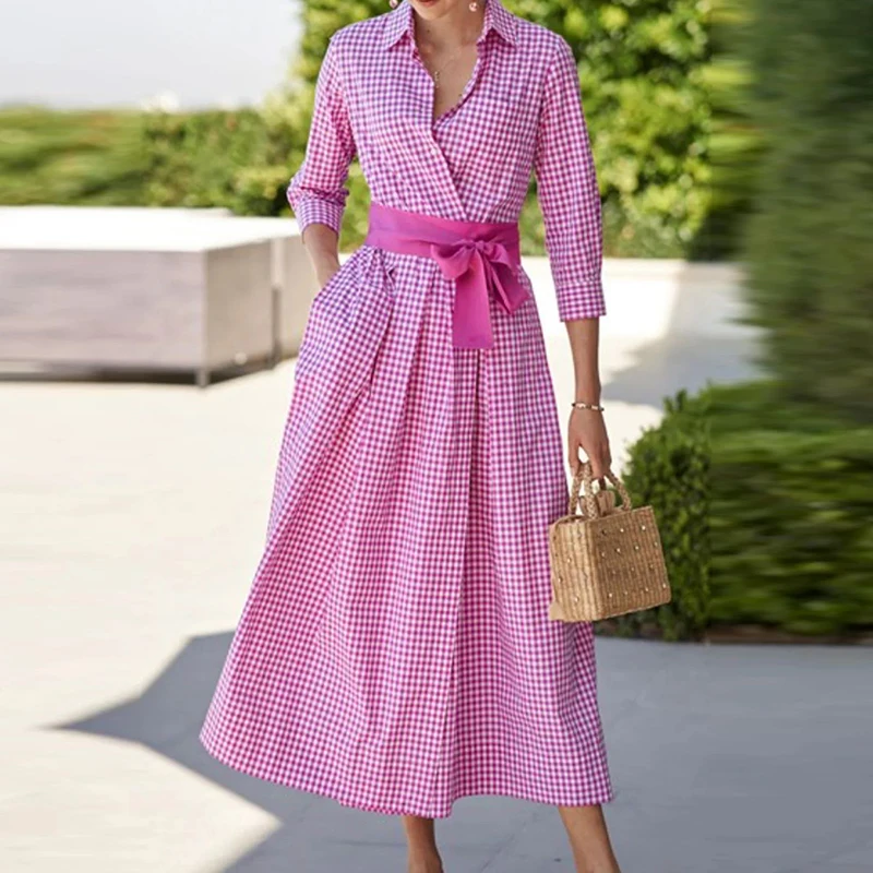 

Elegant Casual Plaid Print Autumn Shirt Dress Spring Waist Lace-up Breasted Office Long Dress Fashion Lapel Long Sleeve Dresses
