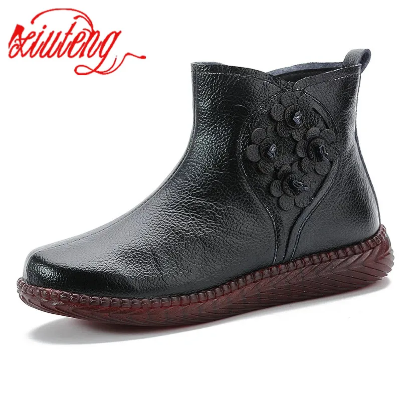 

Xiuteng 2023 New Genuine Leather Women Ankle Boots Natural Skin Warm Winter Flat Fashion Woman Shoes Booties Footwear