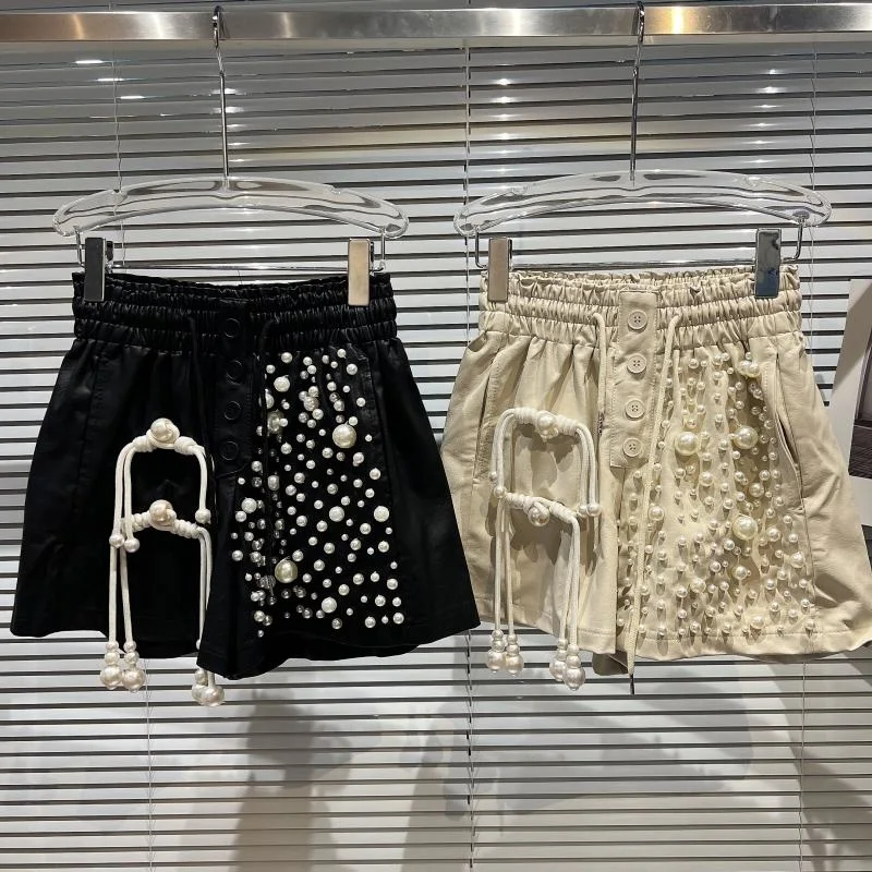 2022 Autumn New Arrival Drawstring Elastic Waist Pearls Embroidered Beadings Pu Shorts Women