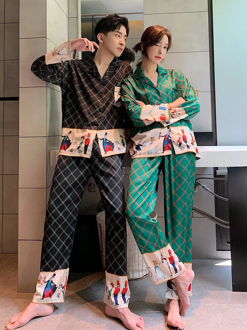 Unisex Women Couple Pajamas Autumn Long Sleeve Trousers 2 Pieces Ice Silk Female Cartoon Pajamas Set Print Men Home Service Suit
