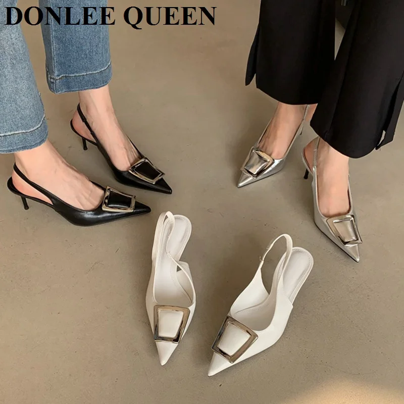 Fashion High Heel Shoes Women Slingback Sandals Female Pointed Toe Elegant Pumps For Party Shoes Brand Buckle Slip On Mule Mujer