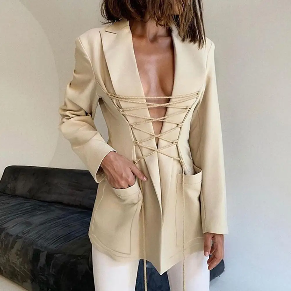 

2022 Women Blazer Office Lady Waist Tied Suits Jacket Solid Color Pockets Spring Turndown Collar Bandage Suit Coat Streetwear