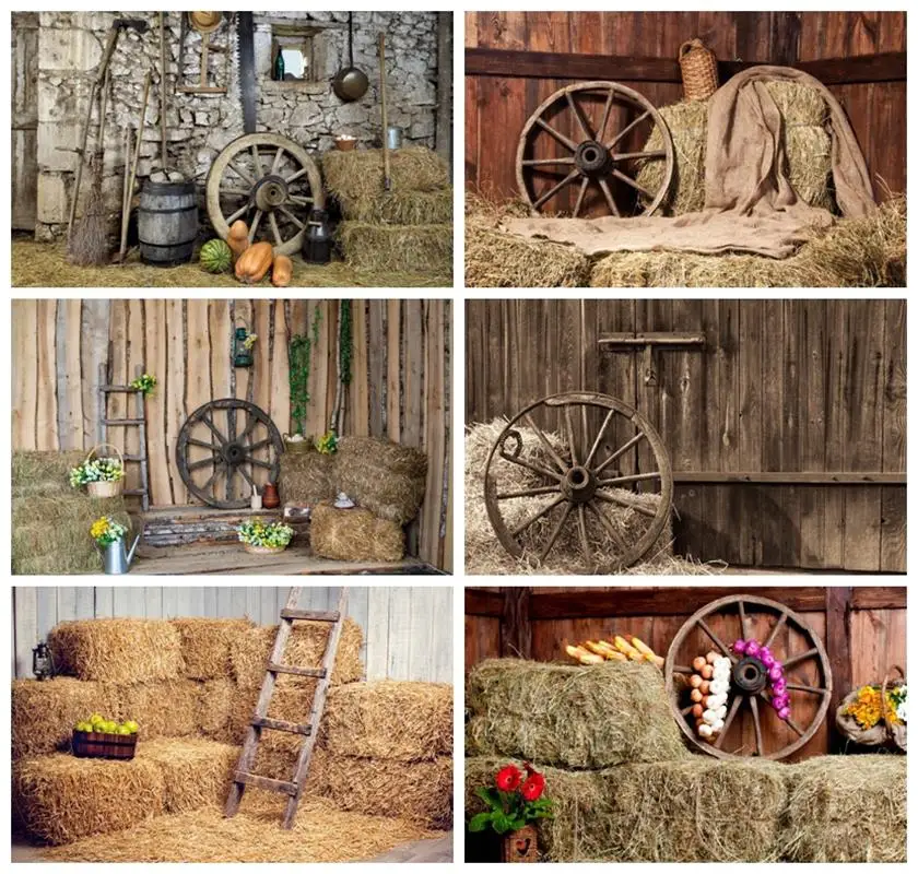 

Laeacco Rural Countryside Straw Wooden Wall Wheel Photo Backdrops Photozone Flowers Potted Plants Photography Backgrounds Props