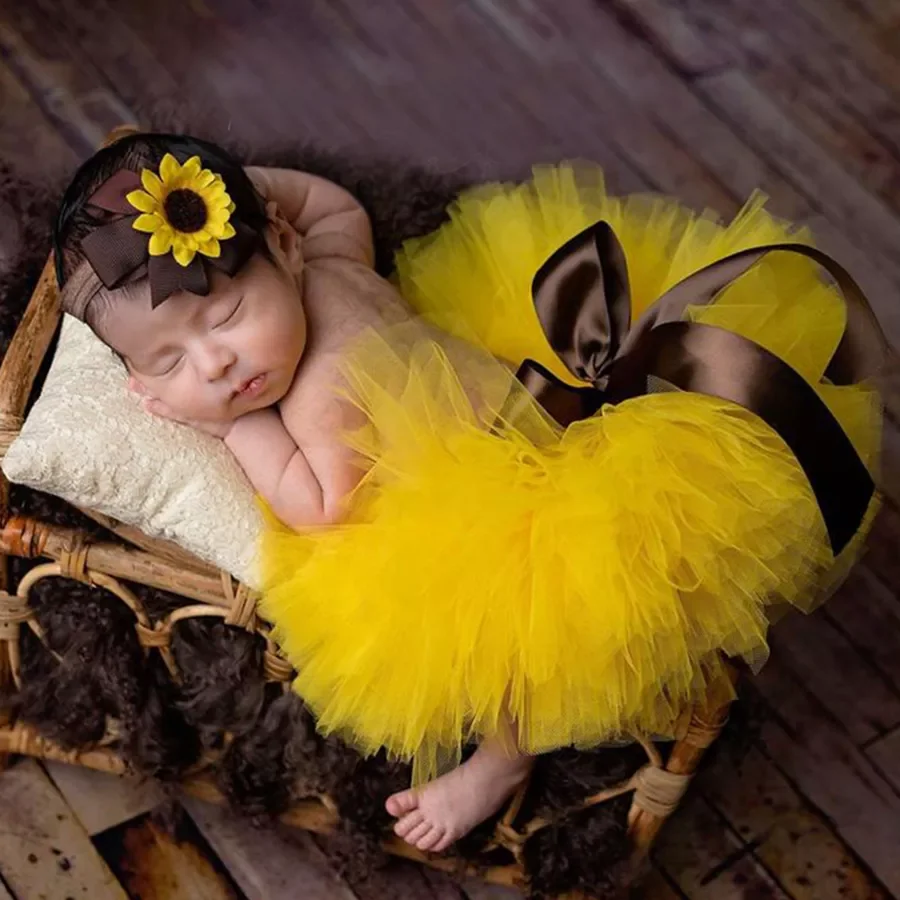 Sunflower Tutu Set Baby Yellow Tutu Skirt with Headband Cake Smash Outfit Newborn Photo Props Infant Princess clothes