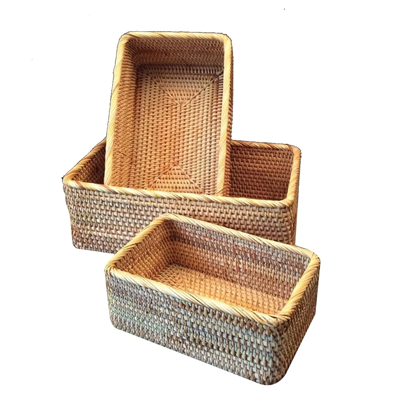 

Hot-3PCS Hand-Woven Rattan Basket Storage Box Baskets For Organizing Vegetable Fruit Storage Box Organizer