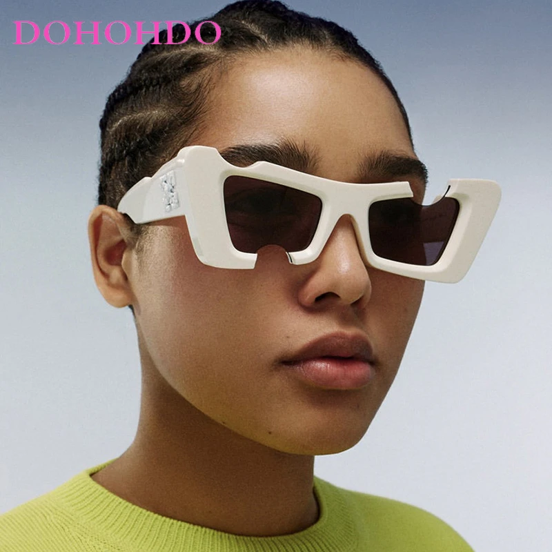 

2024 Hip Hop Square Sunglasses Women Men Off Notch Hole Design White Sun Glasses Blue INS Ladies Vintage Eyewear UV Protection