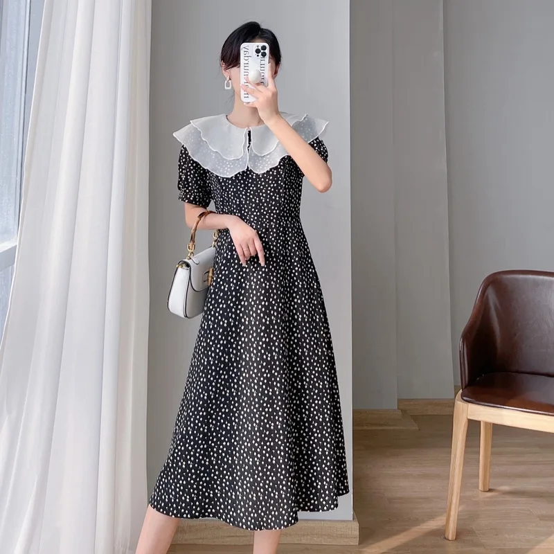 

Black Polka Dot Print Casual Long Dress Summer Slim Ruffled Korean Dress Peter Pan Collar Puff Sleeve A-Line Office Lady Dresses